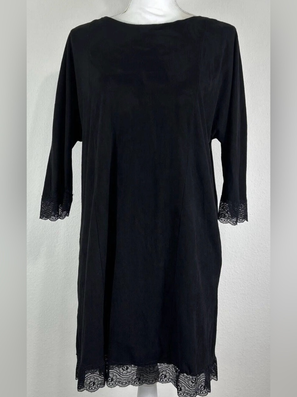 Zara Basic Medium Black Faux Suede Lace Trim Shift Mini Dress Tunic